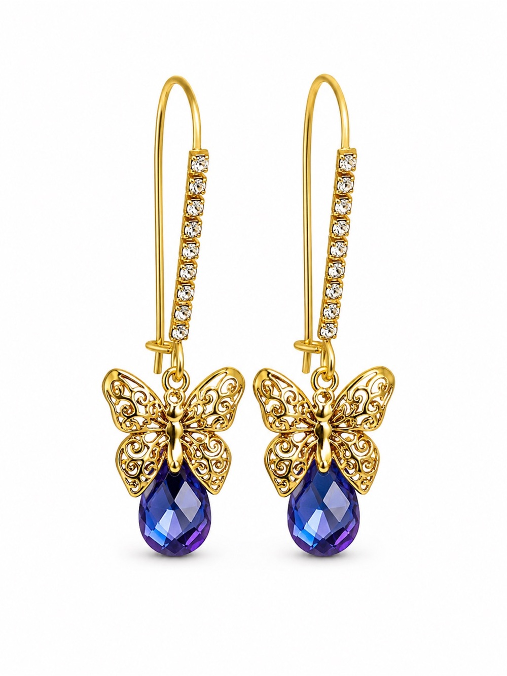 Betsey Johnson Gold Butterfly Blue Crystal Rhinestone Drop Dangle Earrings - Picture 2 of 6